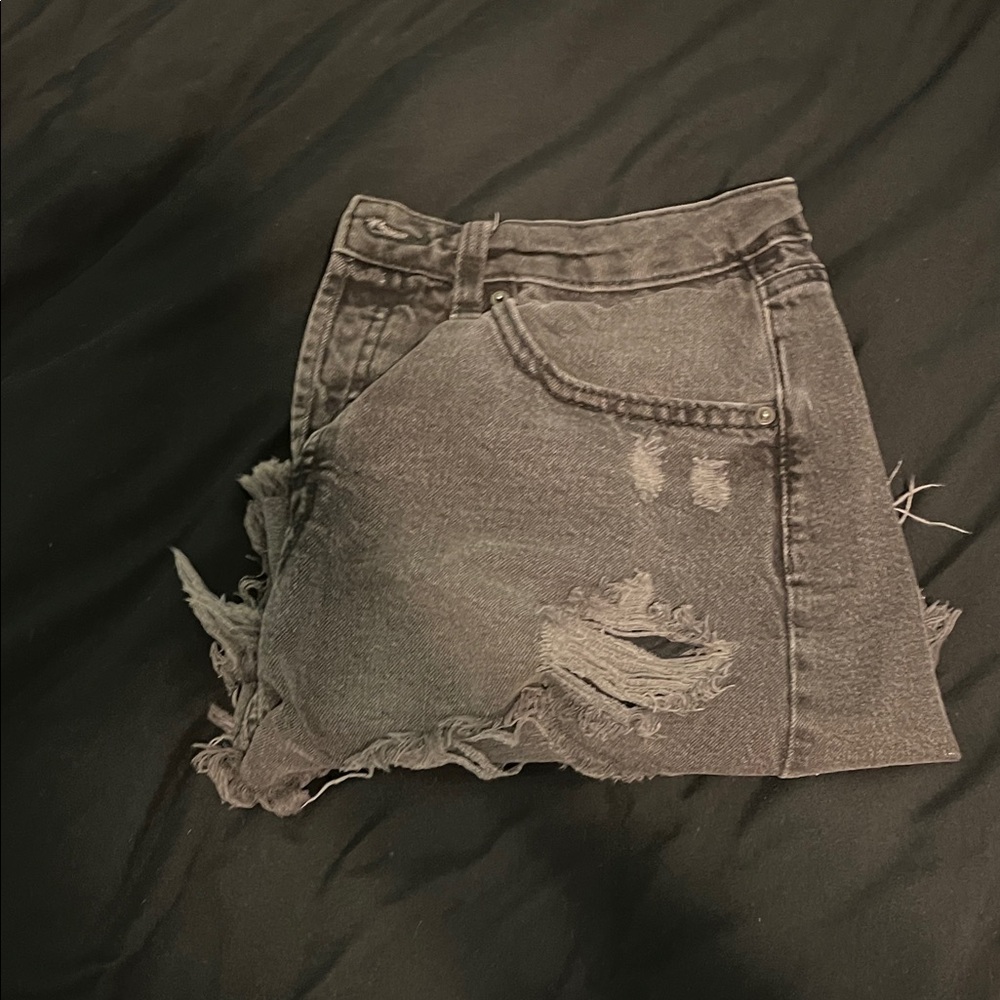 High-Rise Distressed Black Denim Shorts